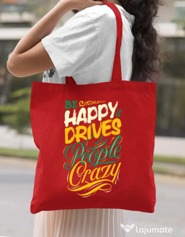 Sacosa din panza Be happy Rosu