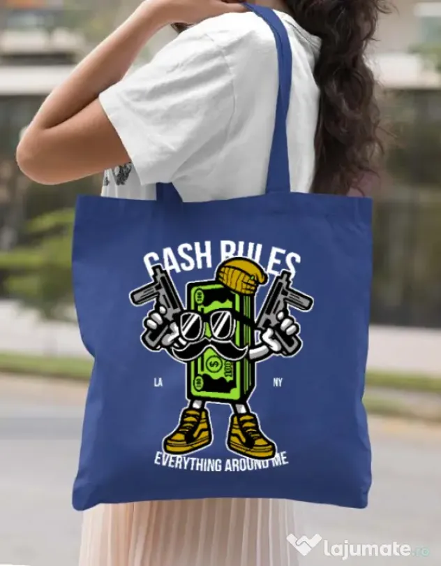 Sacosa din panza Cash rules Albastru regal