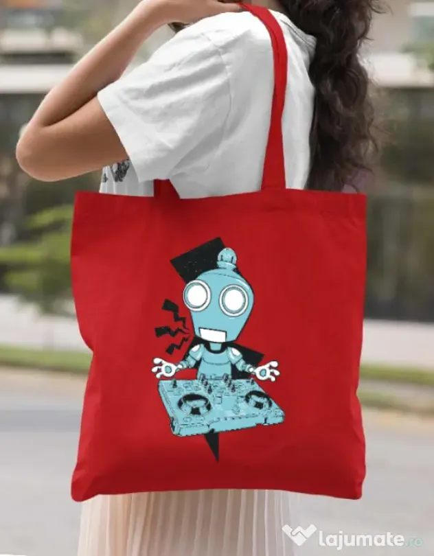 Sacosa din panza Dj robot Rosu