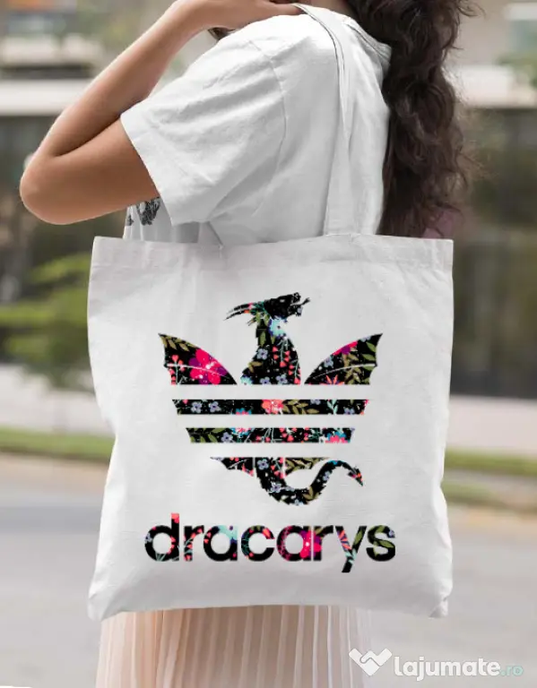 Sacosa din panza Flower dracarys Alb