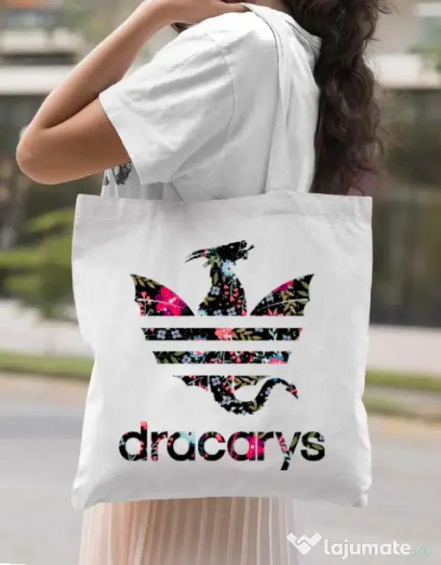 Sacosa din panza Flower dracarys Alb