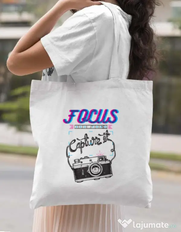 Sacosa din panza Focus and than Capture it Alb