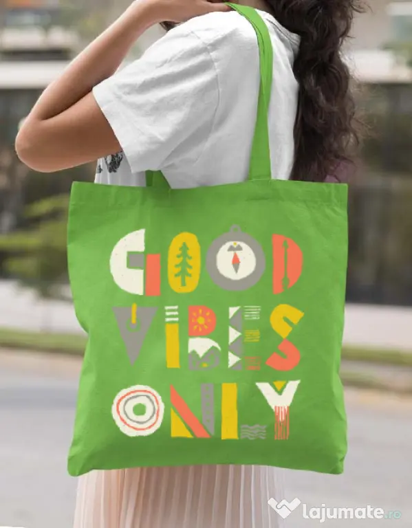 Sacosa din panza Good vibes only Verde mar
