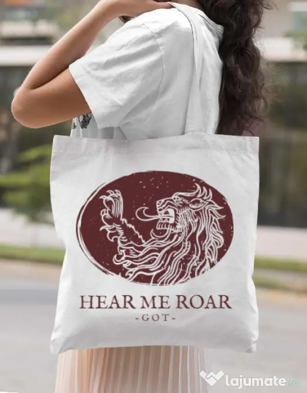 Sacosa din panza Hear me roar Alb