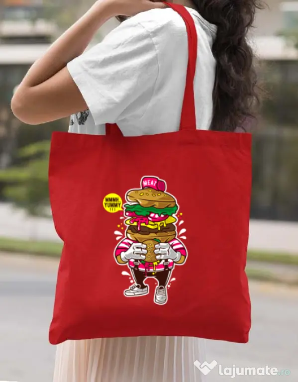 Sacosa din panza I Love Burger Rosu