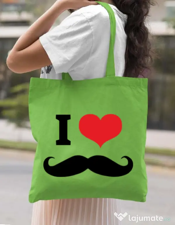 Sacosa din panza I love moustaches Verde mar