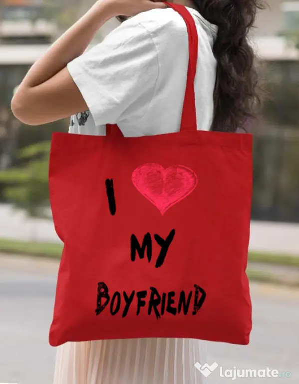 Sacosa din panza I love my boyfriend Rosu