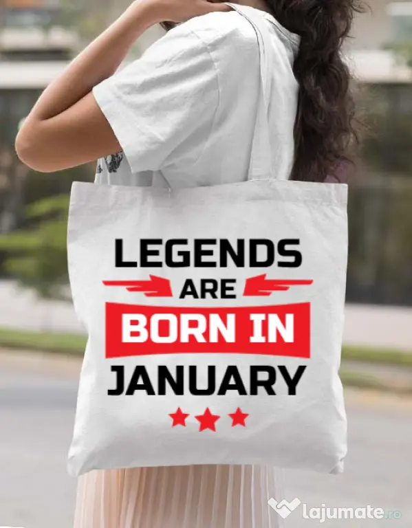 Sacosa din panza Legends are born in January Alb