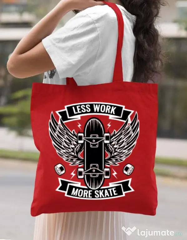 Sacosa din panza Less work more skate Rosu