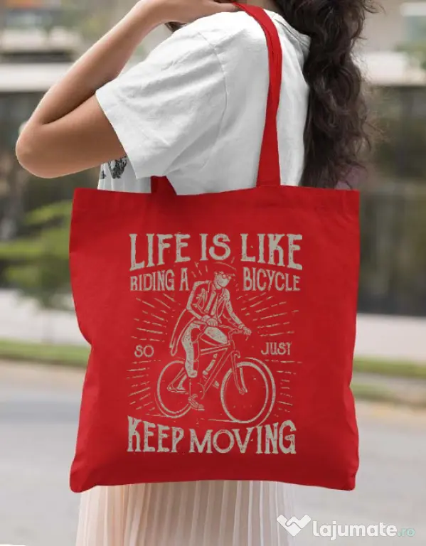 Sacosa din panza Life Is Like Riding A Bicycle Rosu