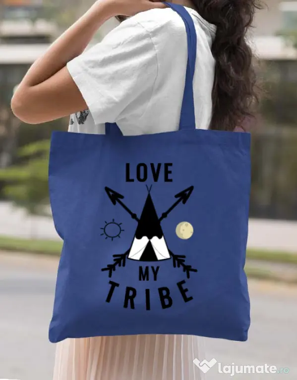 Sacosa din panza Love my tribe Albastru regal