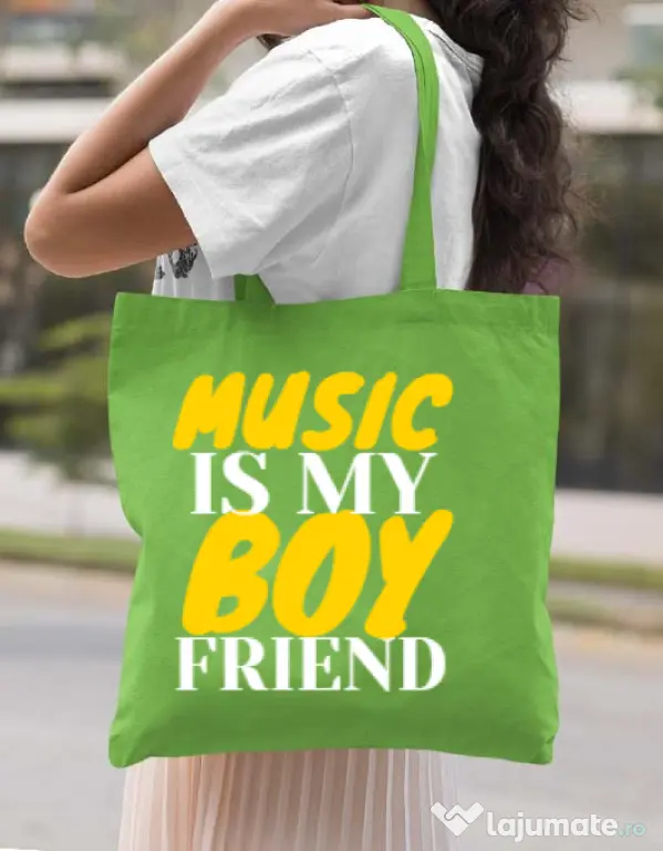 Sacosa din panza Music is my boyfriend Verde mar