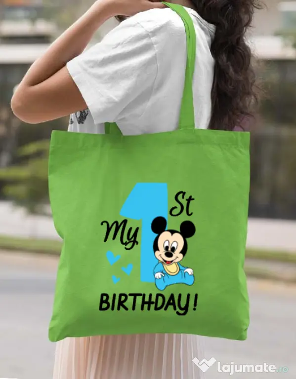 Sacosa din panza My first birthday Verde mar