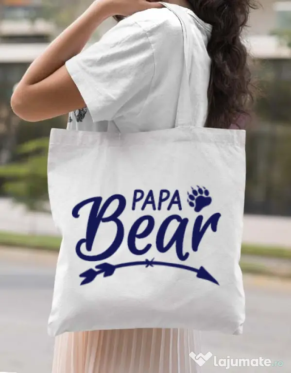 Sacosa din panza Papa bear Alb