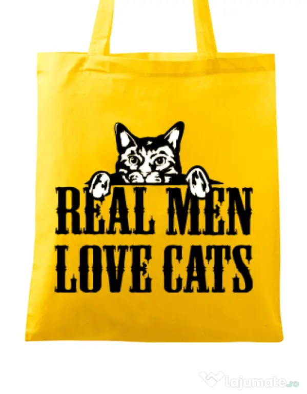 Sacosa din panza Real men love cats Galben