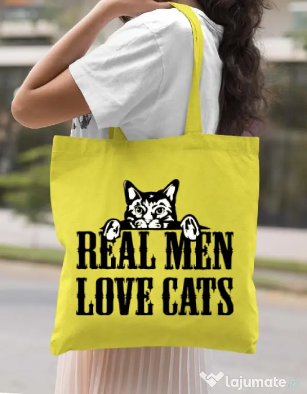 Sacosa din panza Real men love cats Galben