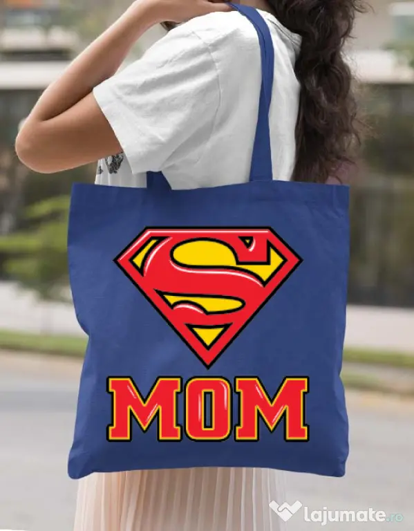 Sacosa din panza Super mom Albastru regal
