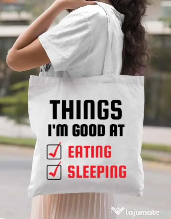 Sacosa din panza Things I am good at Alb