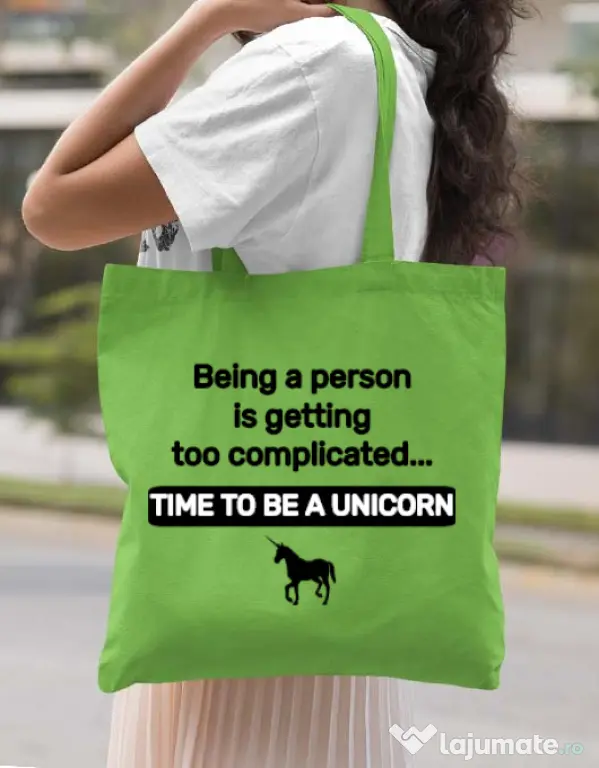 Sacosa din panza Time to be a unicorn Verde mar