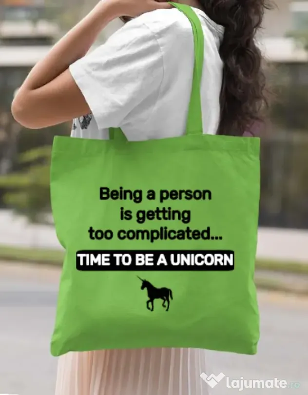 Sacosa din panza Time to be a unicorn Verde mar