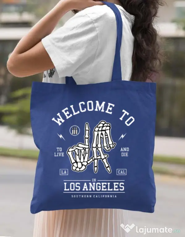 Sacosa din panza Welcome To L.A Albastru regal