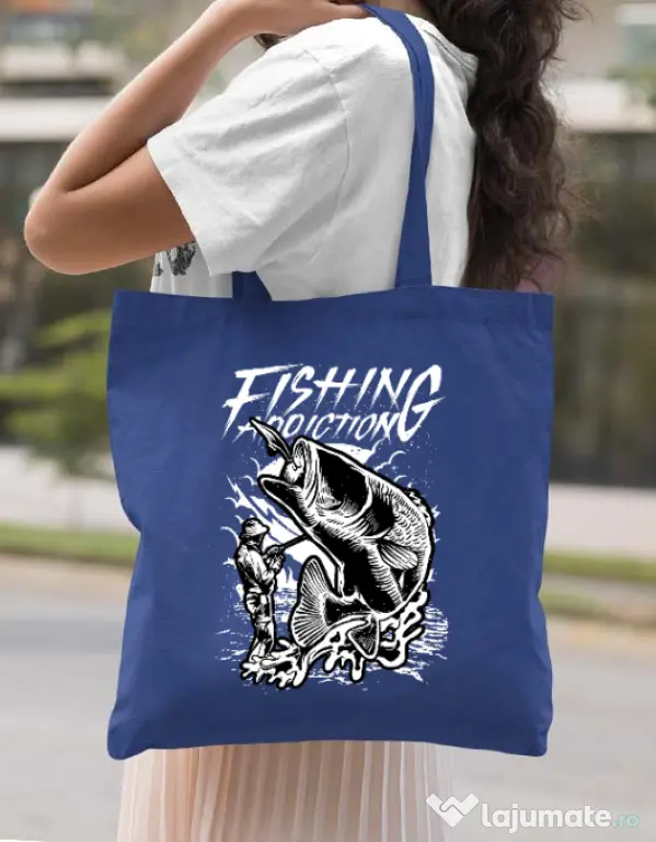 Sacosa din panza Fishing addiction Albastru regal