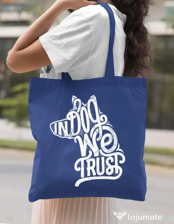 Sacosa din panza In dog we trust Albastru regal