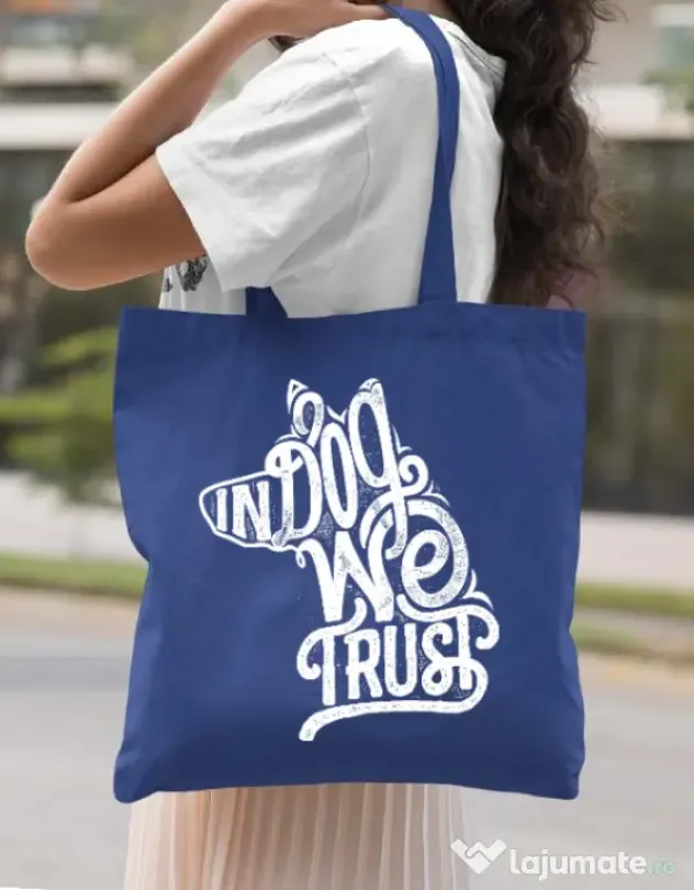 Sacosa din panza In dog we trust Albastru regal