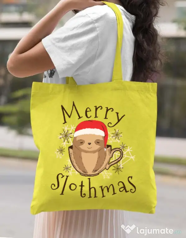 Sacosa din panza Merry slothmas Galben