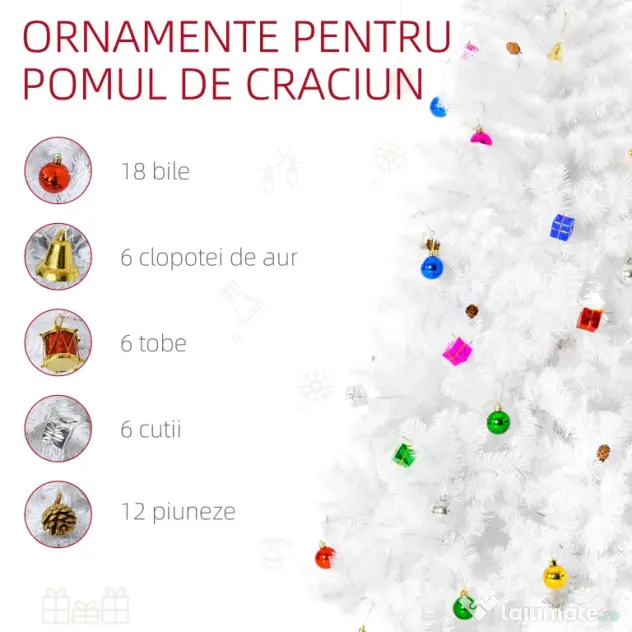 Brad de Crăciun 180 cm con 930 Ramuri Împodobit, Alb, Decoratiune de Craciun de sarbatori HOMCOM | Aosom Romania