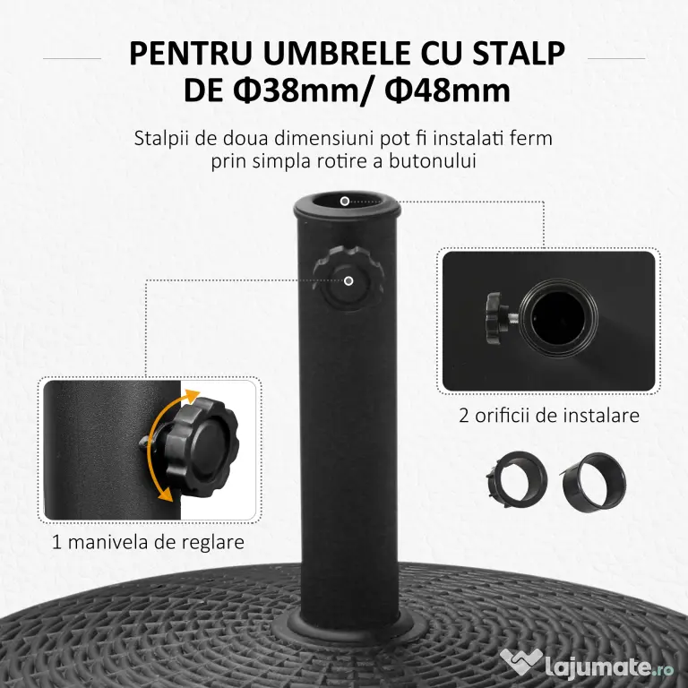 Outsunny Bază Rezistentă pentru Umbrele de Soare, Rășină și Oțel, Compatibilă cu Stâlpi 38-48mm, Ø52x41cm, Negru | Aosom Romania