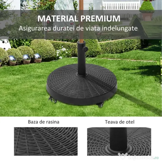 Outsunny Bază Rezistentă pentru Umbrele de Soare, Rășină și Oțel, Compatibilă cu Stâlpi 38-48mm, Ø52x41cm, Negru | Aosom Romania
