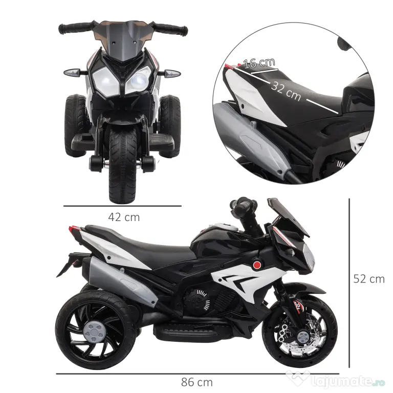 HOMCOM Motocicletă Electrică pentru Copii 3-6 Ani, Max 25 kg, 6V, Viteză 3km/h, Design Sportiv, Negru | Aosom Romania