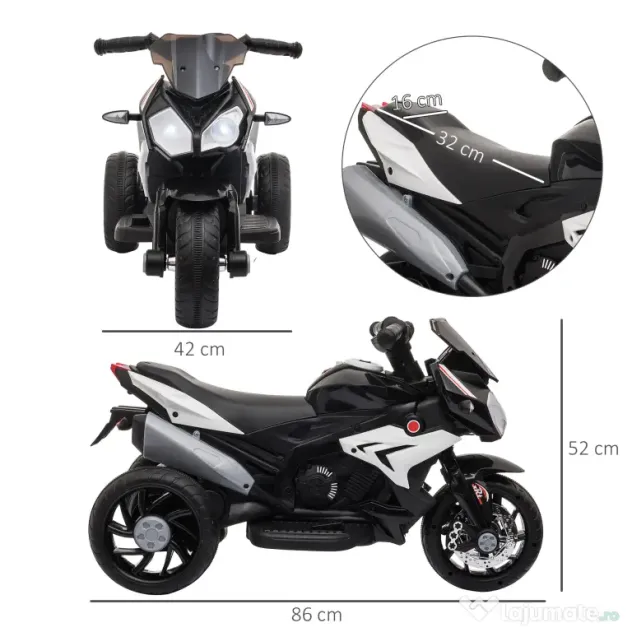 HOMCOM Motocicletă Electrică pentru Copii 3-6 Ani, Max 25 kg, 6V, Viteză 3km/h, Design Sportiv, Negru | Aosom Romania