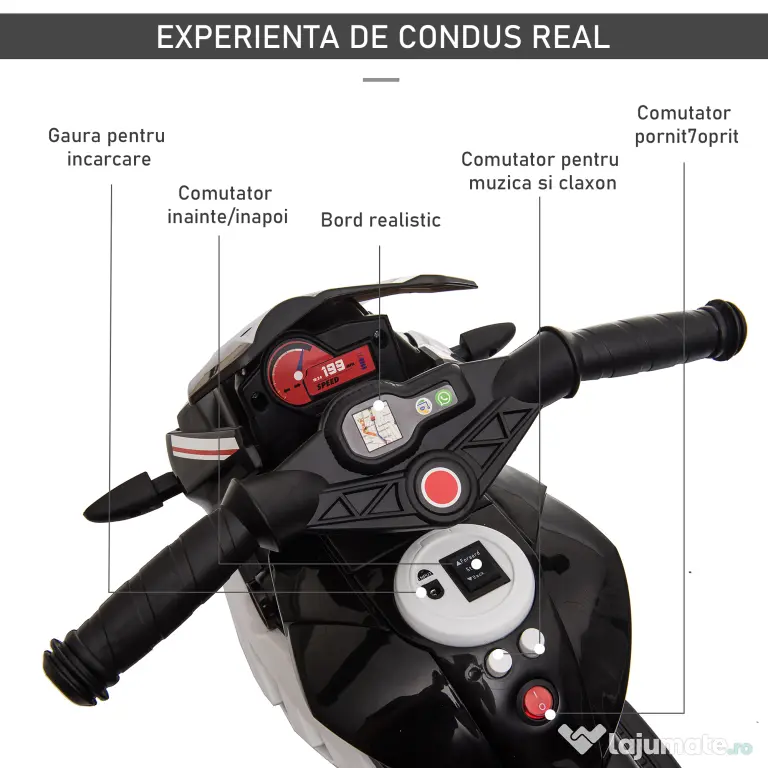 HOMCOM Motocicletă Electrică pentru Copii 3-6 Ani, Max 25 kg, 6V, Viteză 3km/h, Design Sportiv, Negru | Aosom Romania
