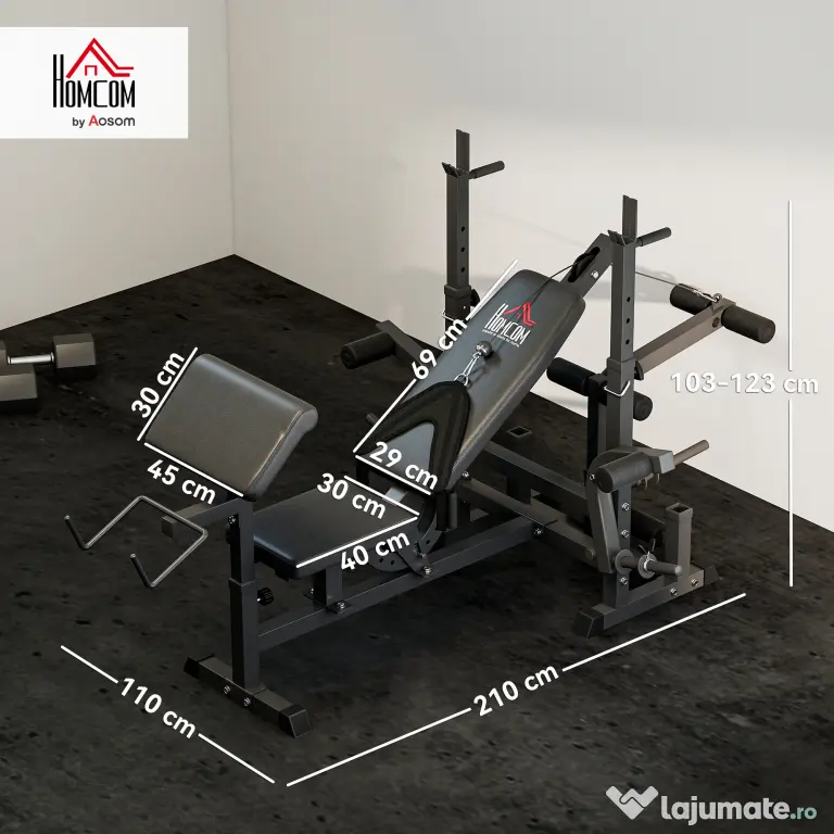 HOMCOM Bancă de Antrenament cu Suport pentru Halteră, 210x110x103-123 cm, Negru | Aosom Romania
