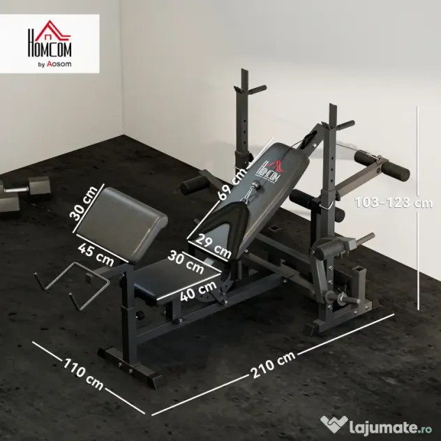 HOMCOM Bancă de Antrenament cu Suport pentru Halteră, 210x110x103-123 cm, Negru | Aosom Romania