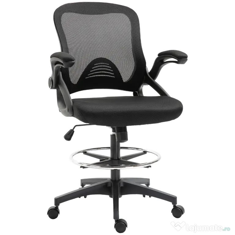 Vinsetto Scaun de Birou cu Înălțime Reglabilă, Brațe Rabatabile și Suport pentru Picioare, 64x60x106-126 cm, Negru | Aosom Romania