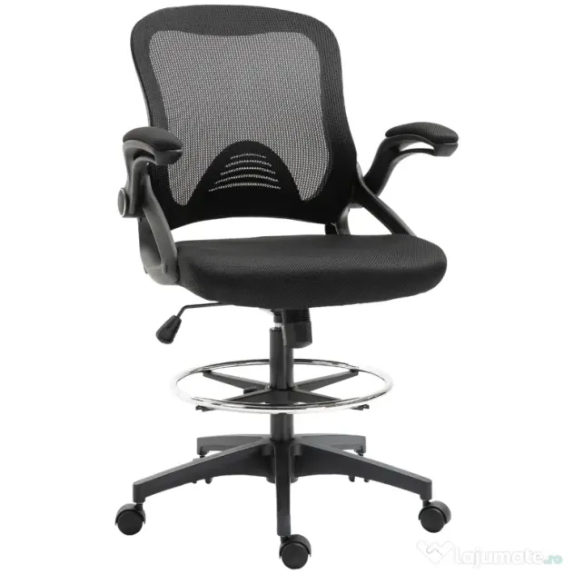 Vinsetto Scaun de Birou cu Înălțime Reglabilă, Brațe Rabatabile și Suport pentru Picioare, 64x60x106-126 cm, Negru | Aosom Romania