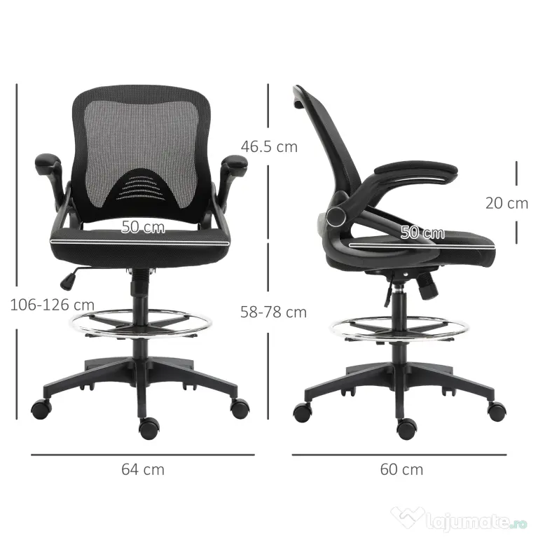 Vinsetto Scaun de Birou cu Înălțime Reglabilă, Brațe Rabatabile și Suport pentru Picioare, 64x60x106-126 cm, Negru | Aosom Romania
