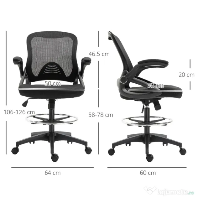 Vinsetto Scaun de Birou cu Înălțime Reglabilă, Brațe Rabatabile și Suport pentru Picioare, 64x60x106-126 cm, Negru | Aosom Romania