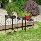 Outsunny Set de 3 Scaune Suport pentru Plante, Design Clasic din Fier, Ideal pentru Decorul Grădinii, Maro | Aosom Romania 