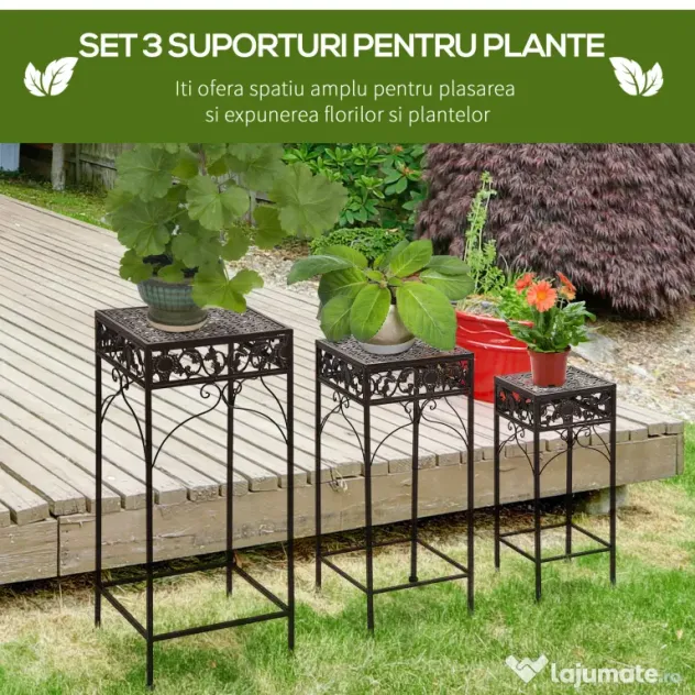Outsunny Set de 3 Scaune Suport pentru Plante, Design Clasic din Fier, Ideal pentru Decorul Grădinii, Maro | Aosom Romania