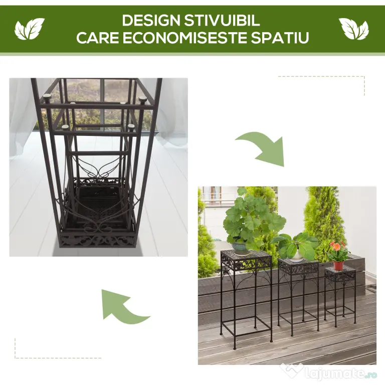 Outsunny Set de 3 Scaune Suport pentru Plante, Design Clasic din Fier, Ideal pentru Decorul Grădinii, Maro | Aosom Romania