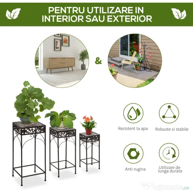 Outsunny Set de 3 Scaune Suport pentru Plante, Design Clasic din Fier, Ideal pentru Decorul Grădinii, Maro | Aosom Romania