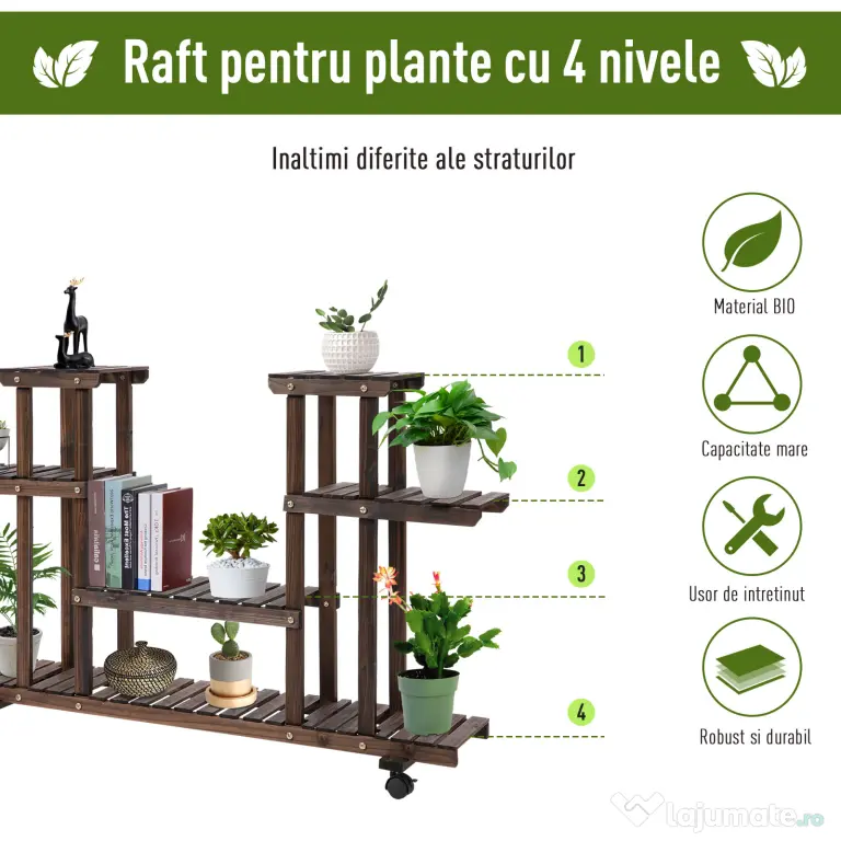 Outsunny Raft de Flori cu 4 Nivele si Roti , din Lemn 123.5L x 33L x 80Hcm | Aosom Romania