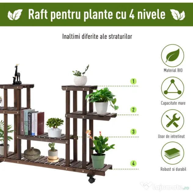 Outsunny Raft de Flori cu 4 Nivele si Roti , din Lemn 123.5L x 33L x 80Hcm | Aosom Romania