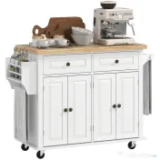 HOMCOM Carucior Bucatarie Sertare Dulapuri 4 Roti Lemn 111x44.5x82.5cm Alb | Aosom Romania 