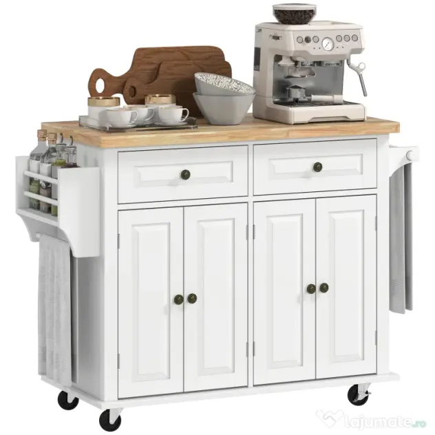 HOMCOM Carucior Bucatarie Sertare Dulapuri 4 Roti Lemn 111x44.5x82.5cm Alb | Aosom Romania