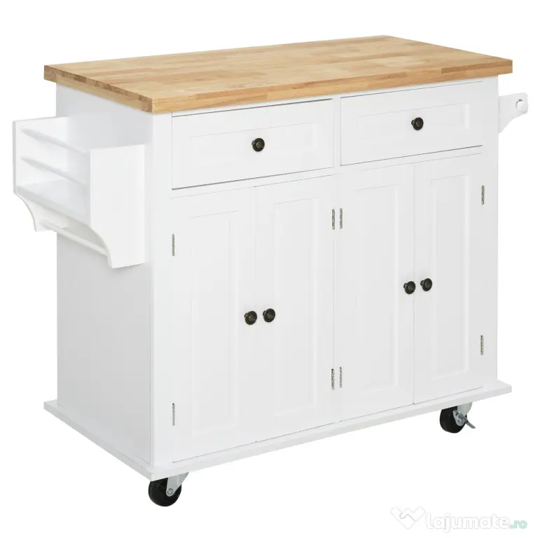 HOMCOM Carucior Bucatarie Sertare Dulapuri 4 Roti Lemn 111x44.5x82.5cm Alb | Aosom Romania